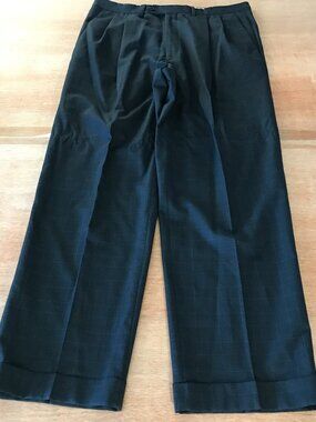 Santorelli 100% Wool Como 2 Dress Pants Men 35x29 Black Plaid High Rise Pleated